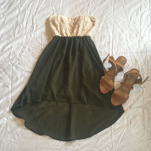 Body Central Dresses & Skirts - Strapless Army Green and Cream High-Low Dress